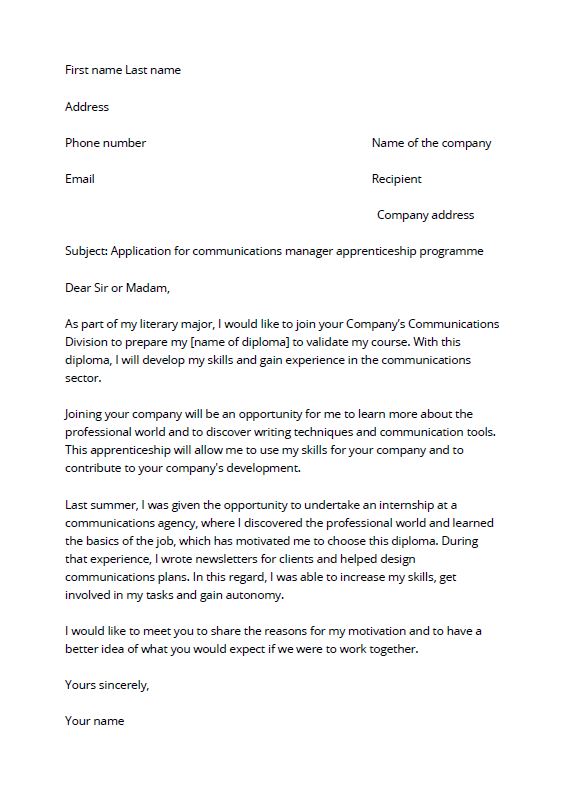 sample cover letter for an apprenticeship